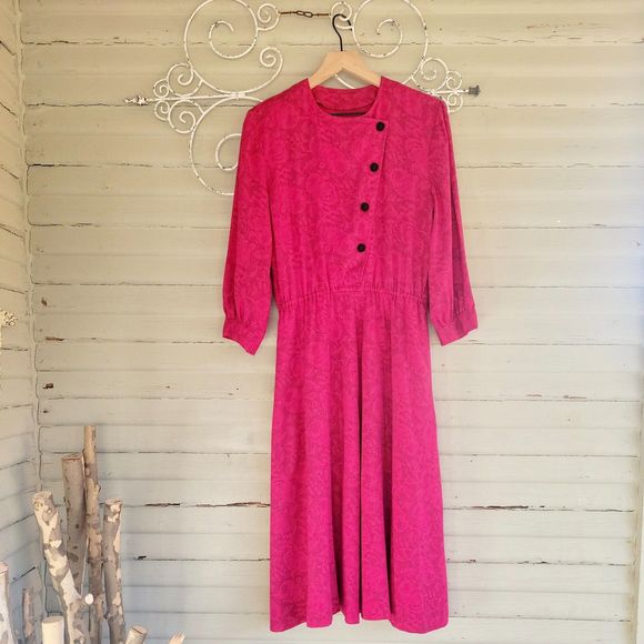 Vintage 80s 90s Secretary Dress Size 10 Pink Floral Handmade Day Maxi Pockets - Picture 1 of 11